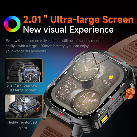 2025 Global Hiking Smartwatch 2.01''Screen 1100mAh Battery LED Light Compass IP68 Voice Assistant Outdoor Sport Fitness Watch