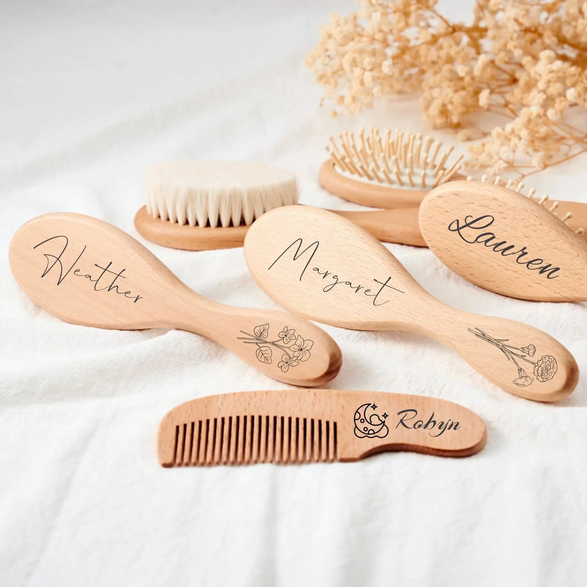 Personalized Baby Hairbrushes Engrave Infant Name Wooden Newborn Hair Brush Comb Brush Customized Baby Keepsake Wood Birth Gift