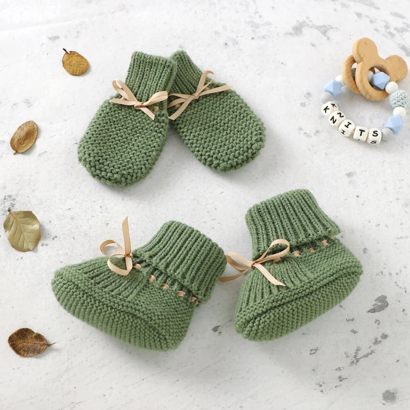 Baby Shoes + Gloves Set Knit Newborn Girls Boys Boots Mitten Fashion Butterfly-knot Toddler Infant Slip-On Bed Shoes Hand Made