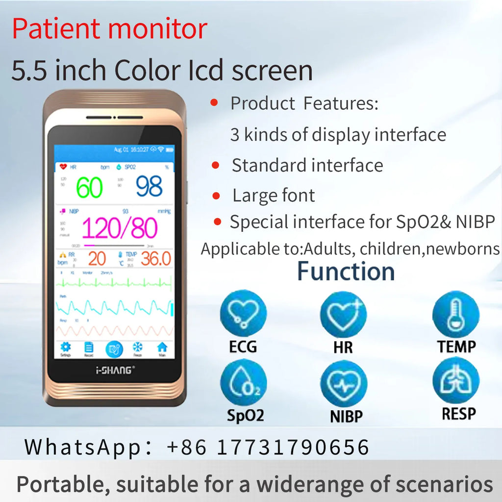 Portable 5.5-inch Touch Screen Patient Monitor Human/Vet/Newborn Use 6-Parameter Vital Signs Monitor