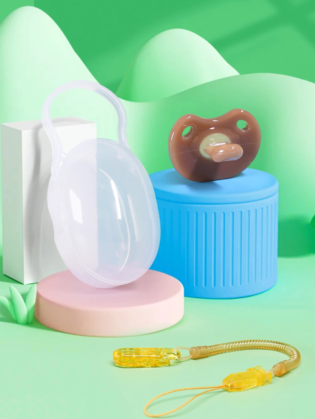3 Pcs Baby Silicone Pacifier Set One Piece Soft Brown Pacifier With Storage Box Pacifier Anti-Drop Spring Chain 100% BPA Free