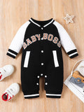 Fashionable letter printed black long sleeved round neck baby boy jumpsuit