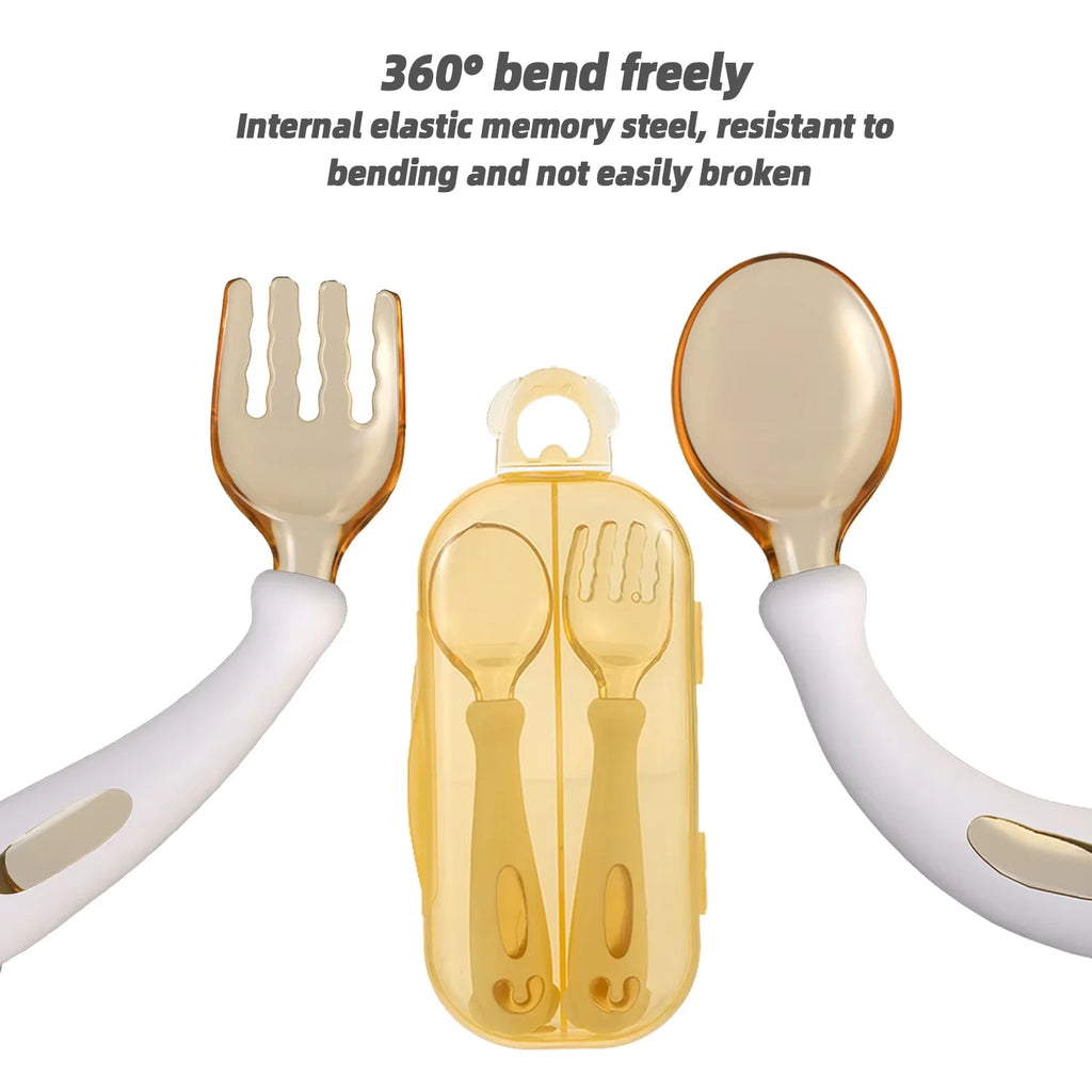 1set Baby Training Spoon Bendable Handle Tableware Fork Set 100% Food Grade White Puppy Design Tritan Silicone Learning Spoon