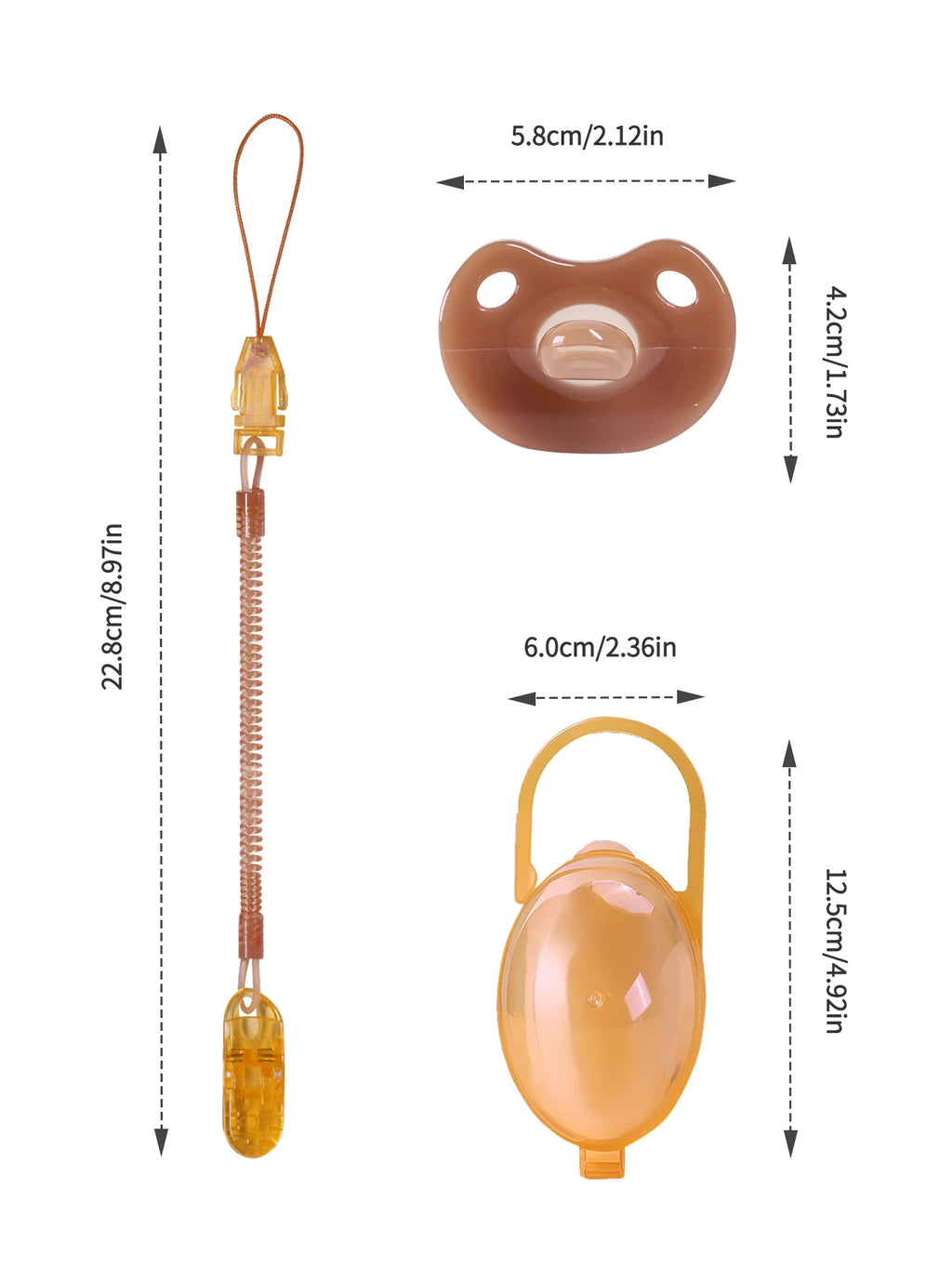 3 Pcs Baby Silicone Pacifier Set One Piece Soft Brown Pacifier With Storage Box Pacifier Anti-Drop Spring Chain 100% BPA Free