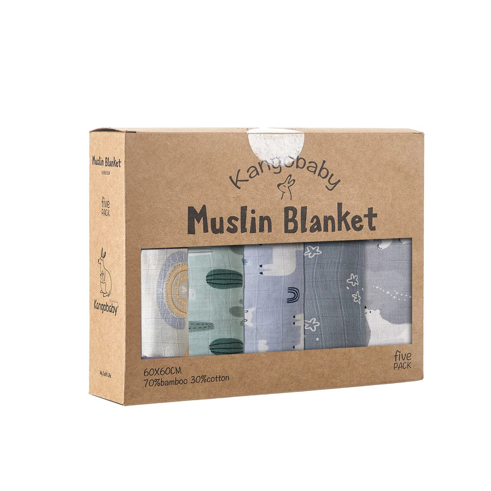 Kangobaby 5 Pieces Pack Multi-Functional Bamboo Cotton Muslin Blanket Baby Burp Cloth Set