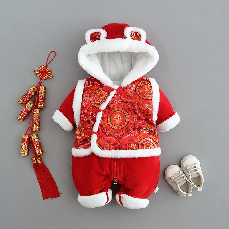 Baby Clothes Chinese Style New Year Clothes Thickened Baby Crawling Clothes Bodysuit Baby Clothes Winter Clothes