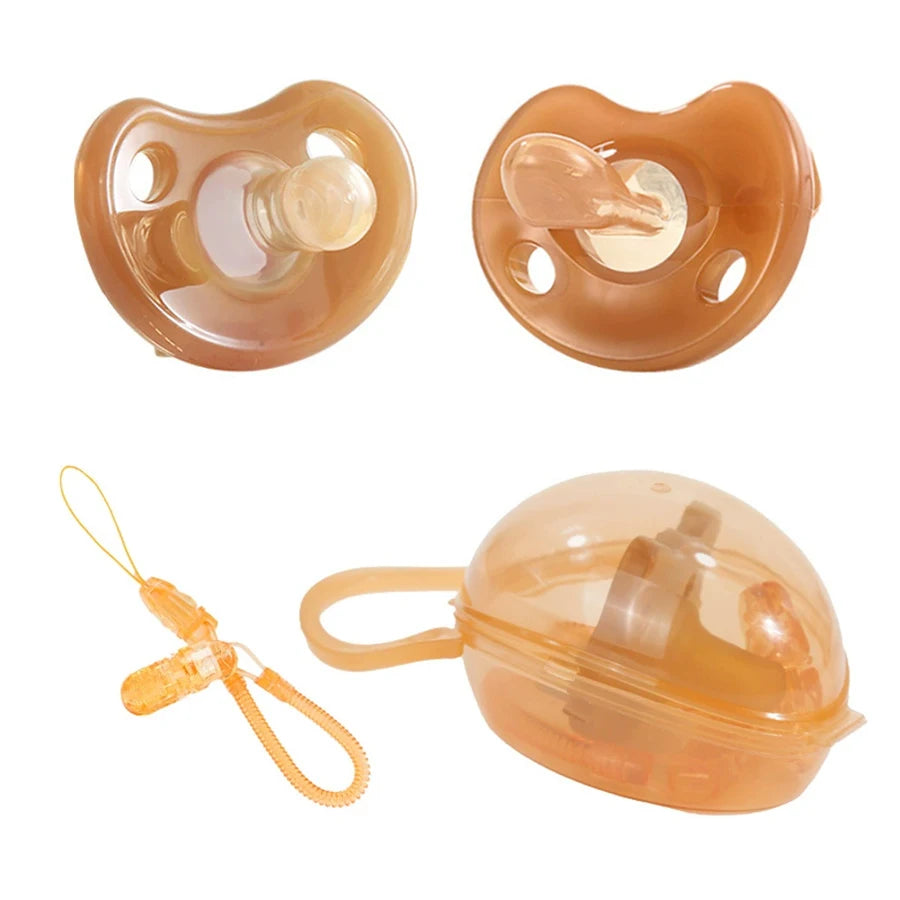 3 Pcs Baby Silicone Pacifier Set One Piece Soft Brown Pacifier With Storage Box Pacifier Anti-Drop Spring Chain 100% BPA Free