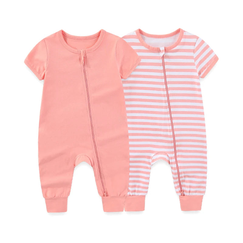 Kiddiezoom 2 Pcs/Lot Unisex Solid Short Sleeve Zipper Baby Boy Girl Romper Cotton Soft Newborn Jumpsuits Clothing