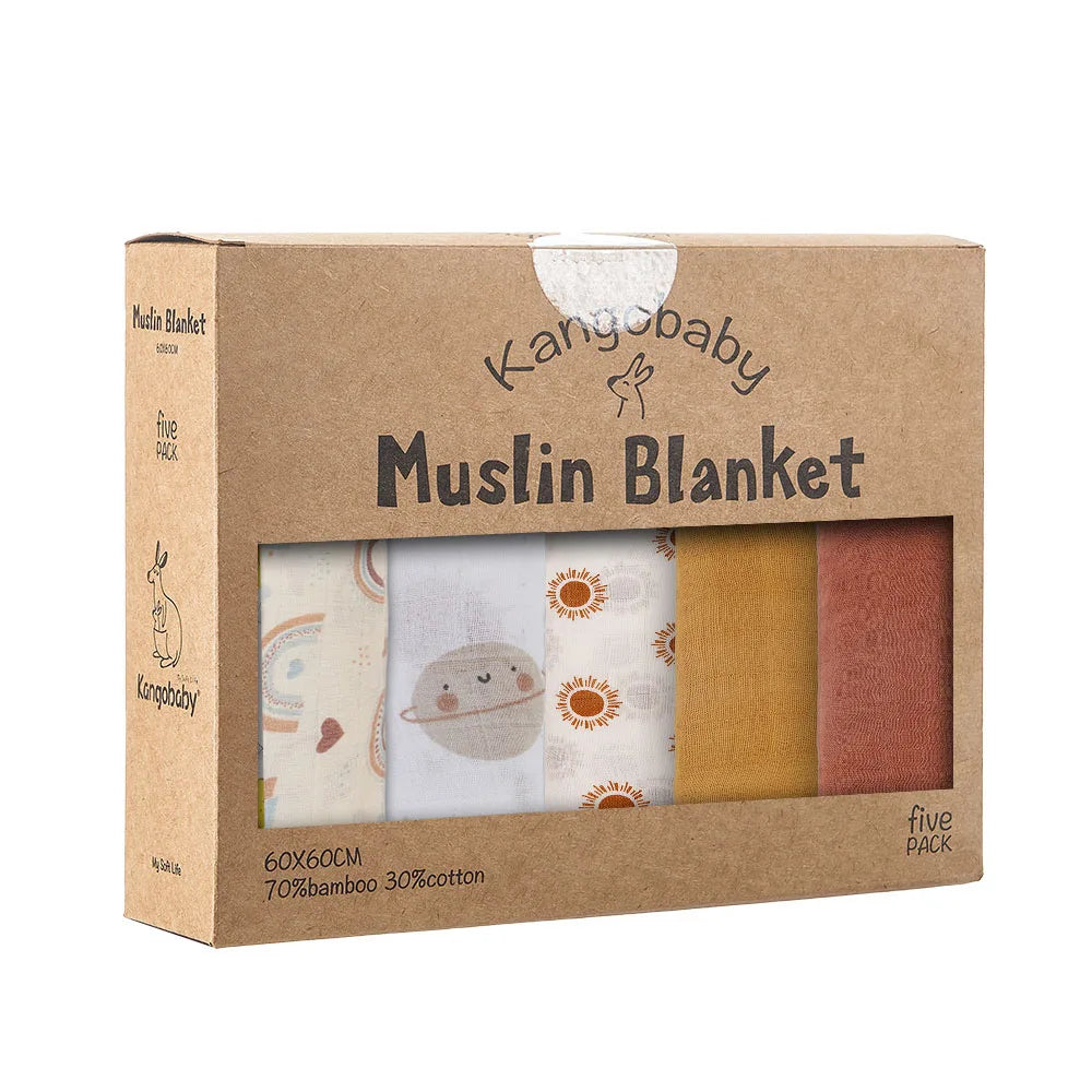 Kangobaby 5 Pieces Pack Multi-Functional Bamboo Cotton Muslin Blanket Baby Burp Cloth Set