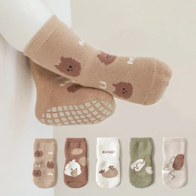 5 Pairs/Lot Autumn Newborn Baby Toddler Anti-slip Socks Children's Cartoon Indoor Playing Floor Non Slip Socks for 0-5Y Babies
