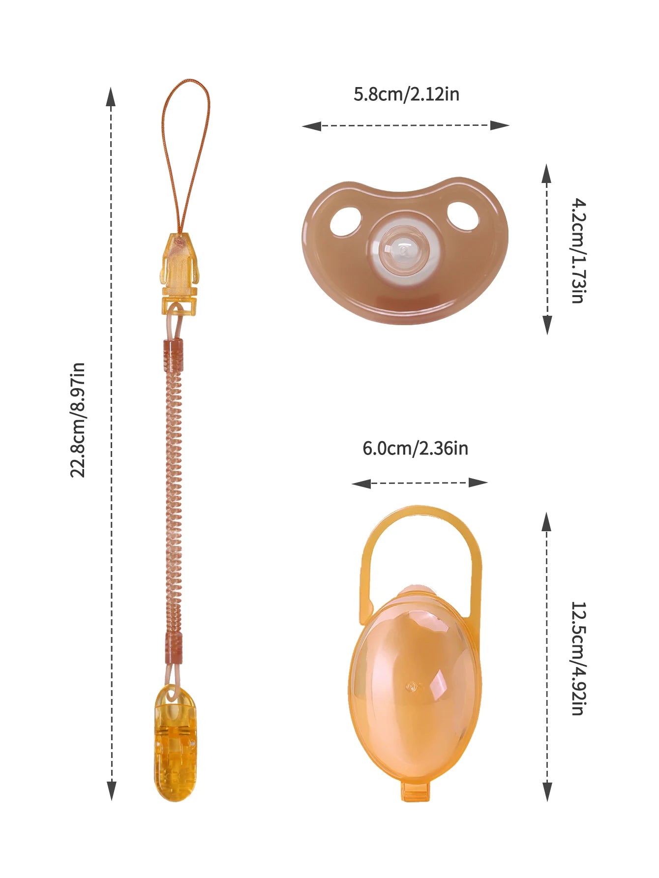 3 Pcs Baby Silicone Pacifier Set One Piece Soft Brown Pacifier With Storage Box Pacifier Anti-Drop Spring Chain 100% BPA Free