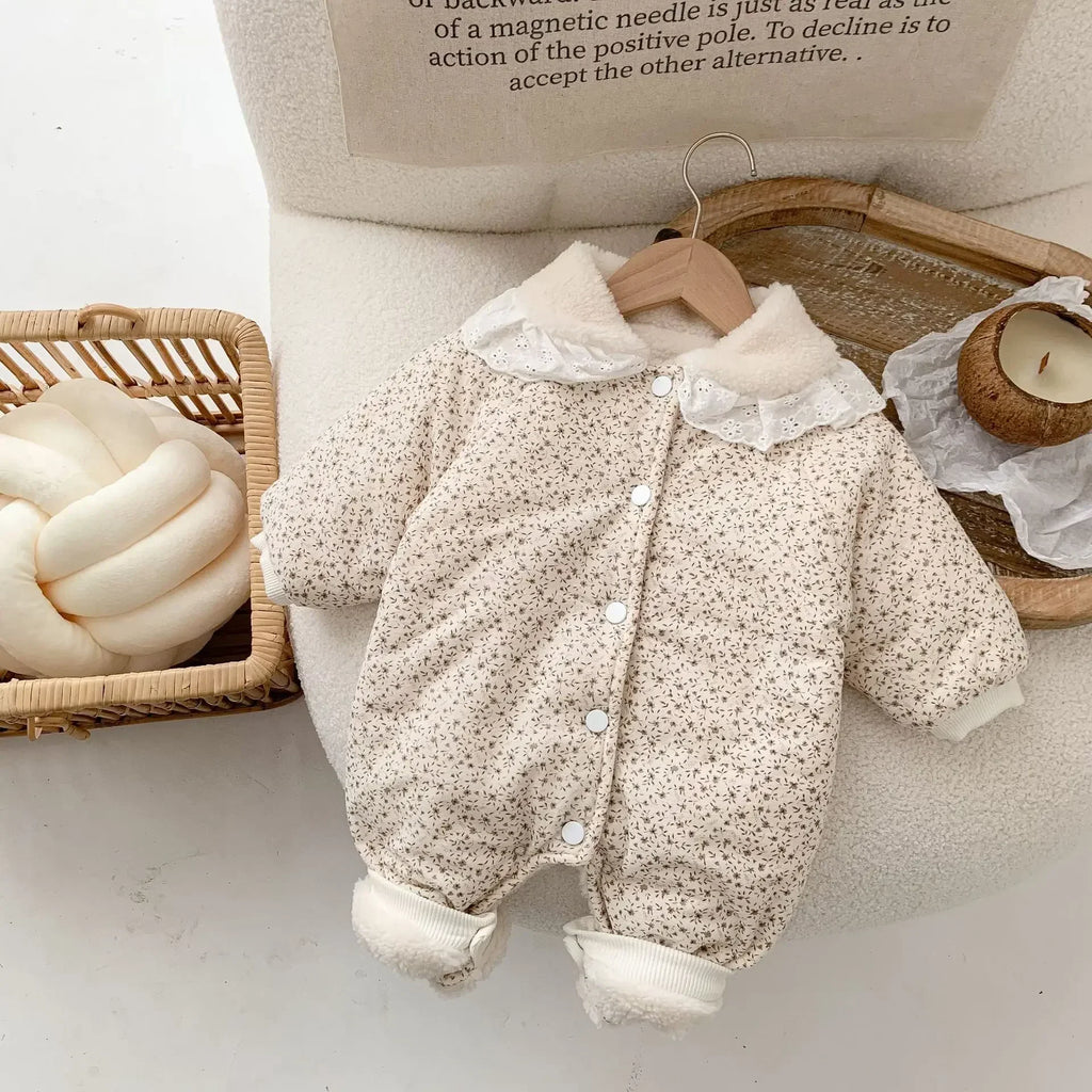 Korean Baby Cotton Jumpsuit Thickened Hooded Romper Plush Warm Autumn Winter Newborn Clothes Floral Princess Bodysuit Ropa Bebe