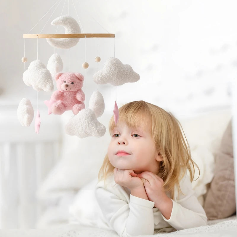 Baby Crib Mobile Rattle Toy 0-12Months Infant Soft Felt mobile Teddy Velvet Bear Bed Bell Hanging Toy Holder Bracket Crib Toy