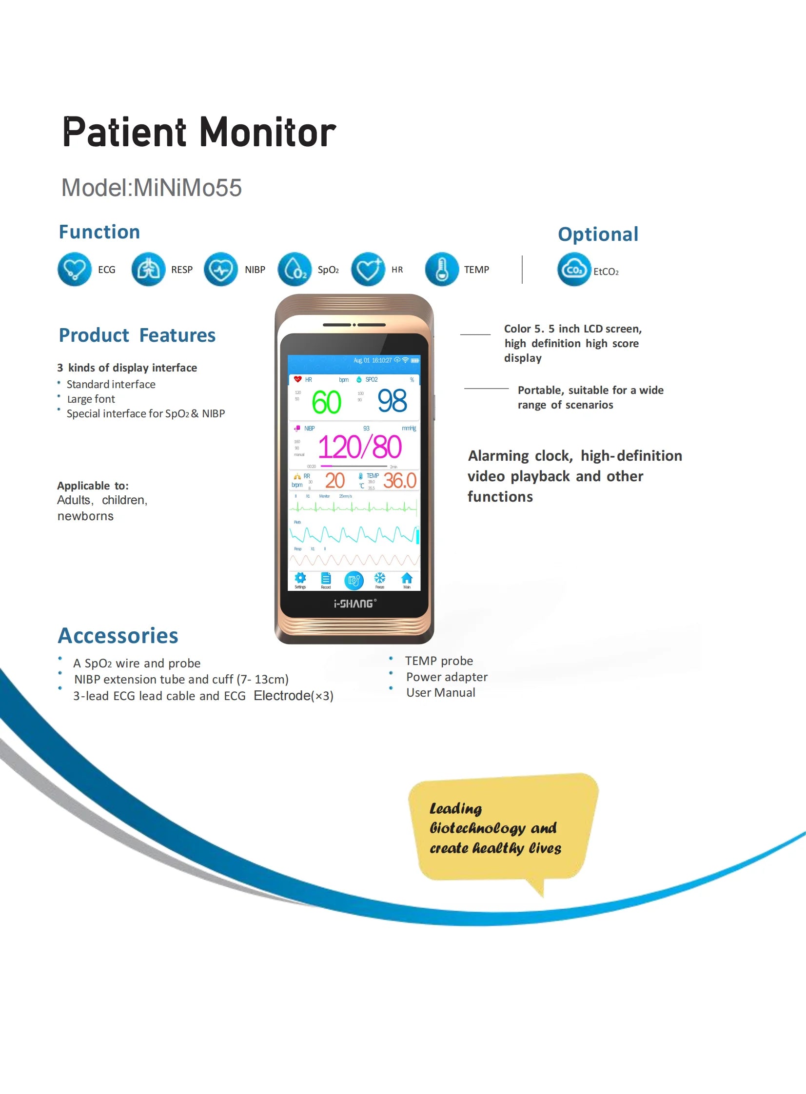 Portable 5.5-inch Touch Screen Patient Monitor Human/Vet/Newborn Use 6-Parameter Vital Signs Monitor