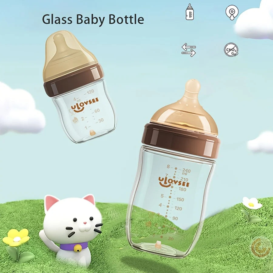 4oz,8oz High Borosilicate Glass Baby Bottles, Wide-Neck Feeding Bottle with Bottom Air Balance Hole/Valve, Glass Milk Bottle