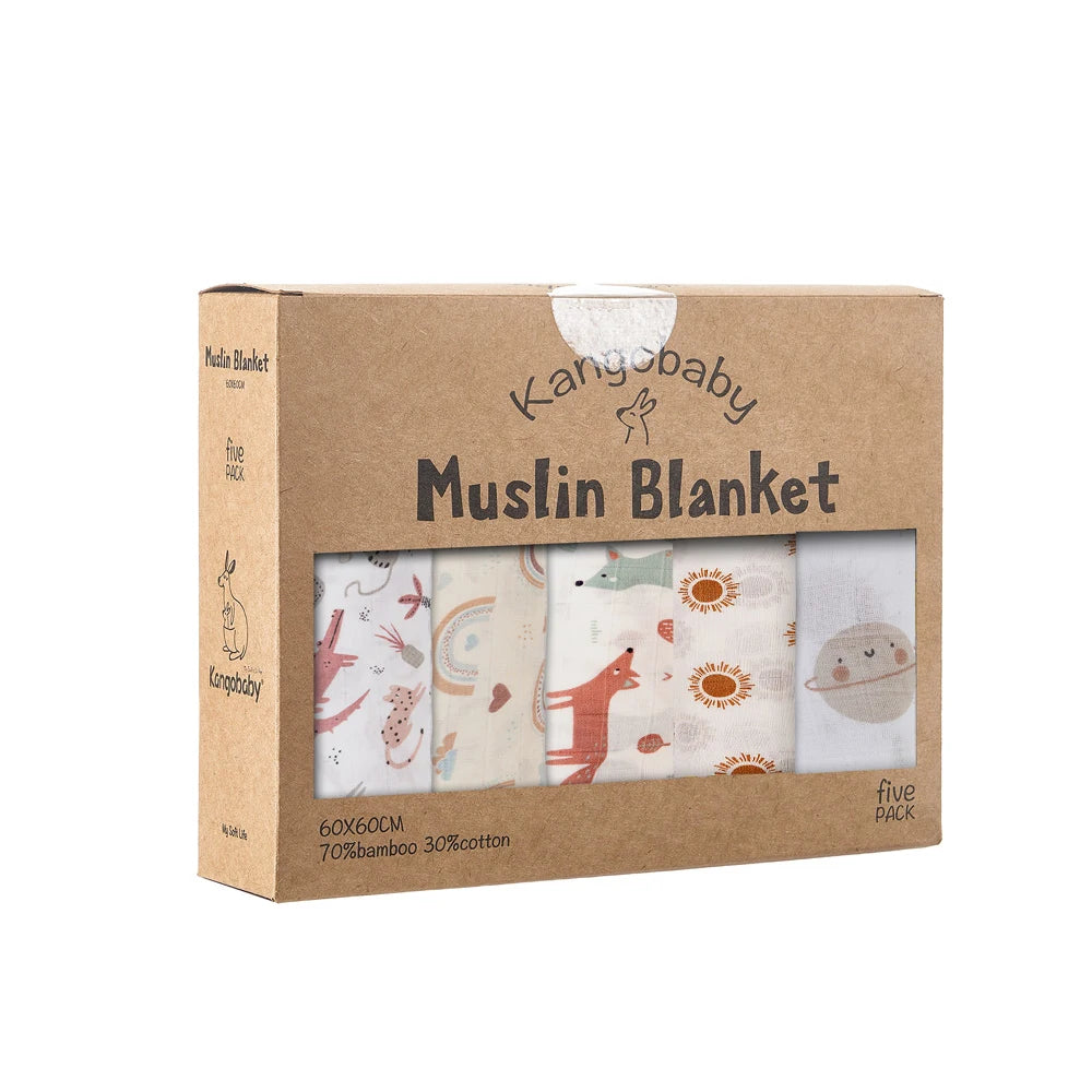 Kangobaby 5 Pieces Pack Multi-Functional Bamboo Cotton Muslin Blanket Baby Burp Cloth Set