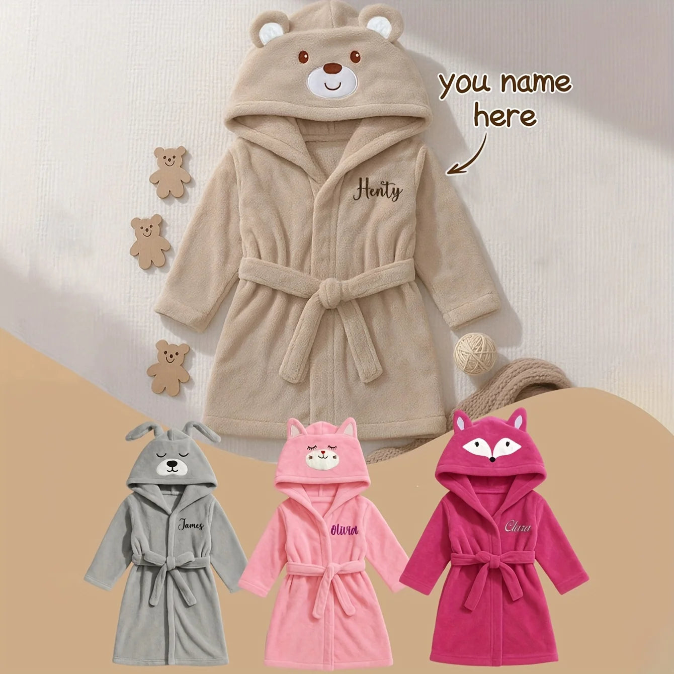 Custom Name Embroidered Bear Hooded Baby Towel | Soft Plush 74-84cm for 12-24M | Christmas Birthday Winter Gift