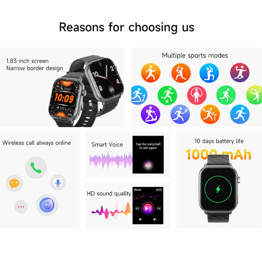 2025 Sport Smartwatch for Android/IOS 1.83''Screen Voice Assistant Wireless Call Answer 1000mAh Step Count Men Women Health Gift