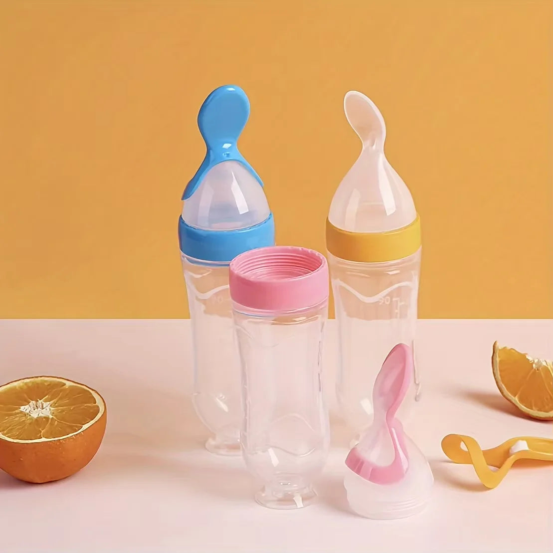 7pcs Baby Feeding Set: 2pcs Soft Silicone Feeding Bottle with Spoon,2pcs Fruit Feeder Pacifier with 3-Size Nipples